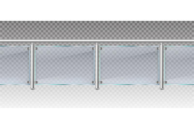 Realistic glass fence. Glass balustrade with metal railings, balcony o