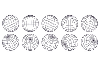 Globe grid spheres. Striped 3D spheres, geometry globe grid, earth lat