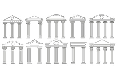 Ancient pediments. Greek and roman architecture temple facade with anc