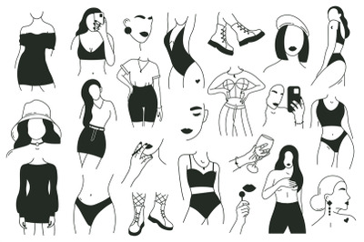 Outline female body elements. Contemporary woman bodies, hand drawn fa