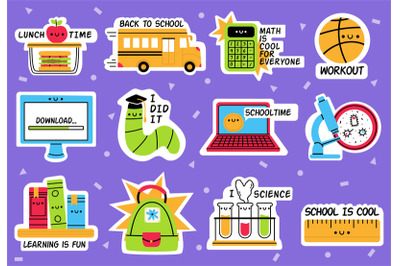 School stickers. Back to school&2C; education badges&2C; school supplies han