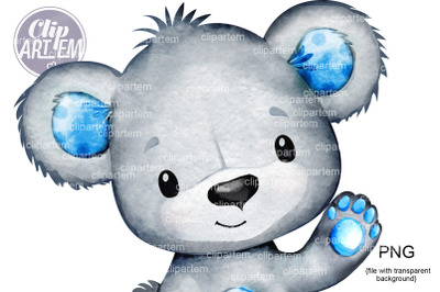 Friendly Blue Bear Hand Up Waving clip art,  bear boy image PNG