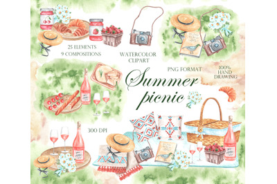 Picnic watercolor clipart. Summer picnic clipart. Picnic basket.