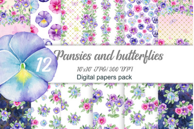 Watercolor Flowers Digital Paper, Watercolor Pansy Digital Paper, Pans