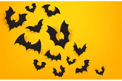 Paper bats background. Halloween orange banner with spooky bat. Trick