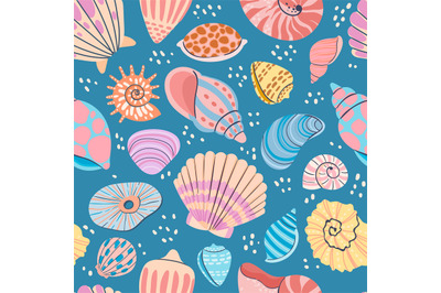 Seashell seamless pattern. Summer ocean print with clam shells, oyster