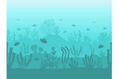 Seamless ocean bottom. Underwater coral reef silhouette with sea plant