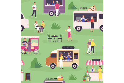 Food truck seamless pattern. Summer street festival and people buy fas