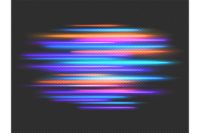 Speed lights effect. Neon fast movement dynamic horizontal lines. Futu