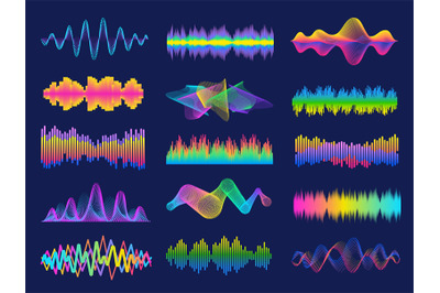 Audio frequency. Neon music sound waves for radio equalizer. Voice rec