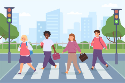 Kids crossing road. Group of student on street crosswalk with traffic