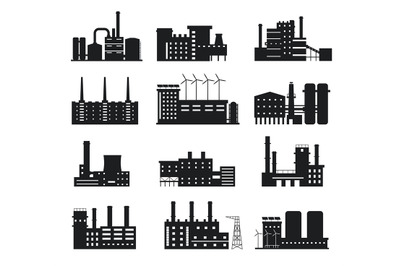 Factory silhouette. Industrial building icons. Manufacture plant and p