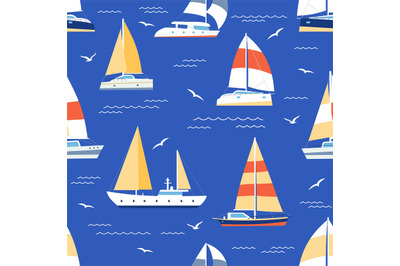 Boats seamless pattern. Summer marine print with sailboats and yacht o