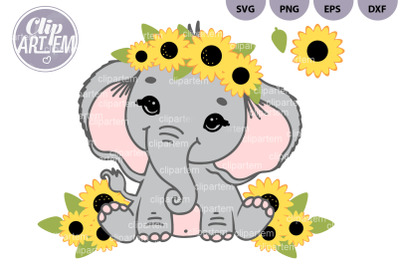 Cute Elephant with Sunflowers and Pink Ears&2C; SVG vector cutting file