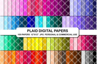 100 Colors Plaid Digital Papers Pack, Plaid Pattern Paper