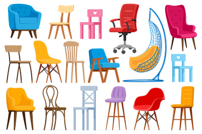 Cartoon chairs. Home or office modern chairs and armchairs, interior f