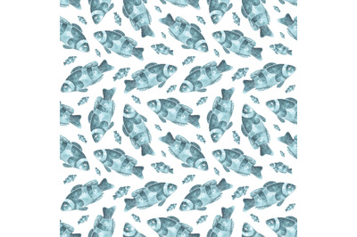 Blue fish watercolor seamless pattern. Sea, ocean pattern.