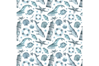 Beach watercolor seamless pattern. Sea, ocean, whales, fish, shells