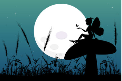 cute fairy and moon silhouette landscape