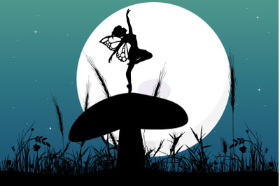 cute fairy silhouette dancing with moon