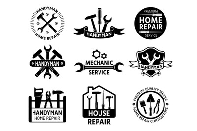 Handyman logo. Mechanic and home repair service logos with constructio