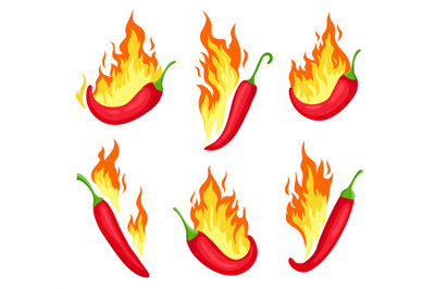 Chili on fire. Cartoon hot red peppers with flames. Spicy food icon, e