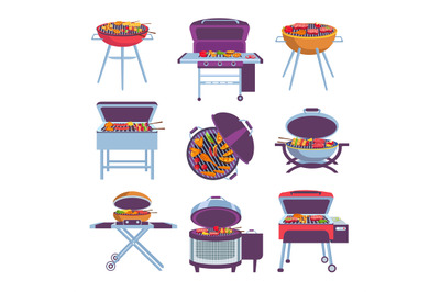 Cartoon barbeque grills. Bbq oven with fry food meat, vegetables, saus