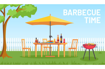 Bbq in garden. Cartoon summer outdoor backyard barbecue party with fur