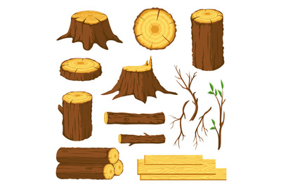 Wood logs. Firewood, tree stumps with rings, trunks, branches and twig