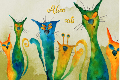 Watercolor Drawings of Alien Cats