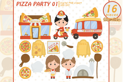 PIZZA PARTY clipart, Cute pizzeria clipart, Little chef