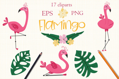 Cute flamingo clipart printable. Tropical jungle leaves. Pink bird.