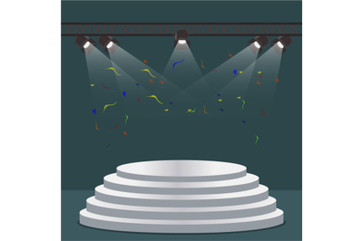 Podium staircase scene with light projectors. Vector scene projector