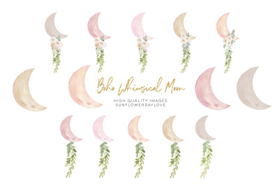 Modern Boho Whimsical Moon clipart&2C; Greenery White flowers