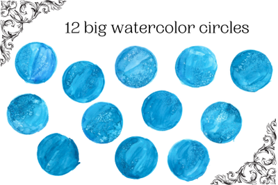 12 Blue watercolor circles, Watercolor design elements