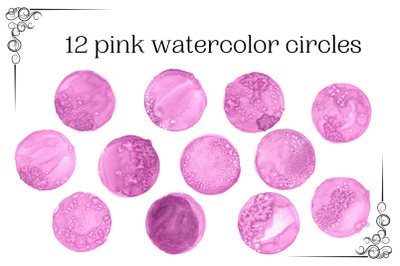 12 Pink watercolor circles, Watercolor design elements,