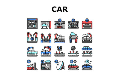 Car Factory Production Collection Icons Set Vector