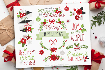 Christmas Flowers Clipart, Christmas Wreath, Vector, Sublimation, SVG