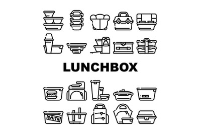 Lunchbox Dishware Collection Icons Set Vector Illustration