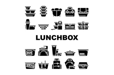 Lunchbox Dishware Collection Icons Set Vector Illustration