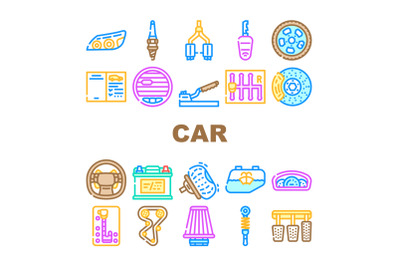 Car Vehicle Details Collection Icons Set Vector