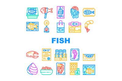 Fish Market Product Collection Icons Set Vector