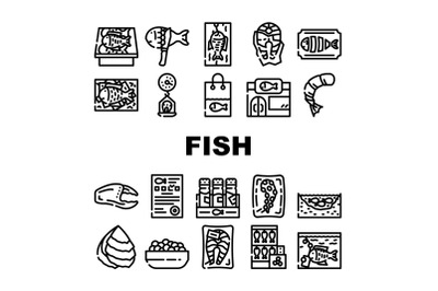 Fish Market Product Collection Icons Set Vector