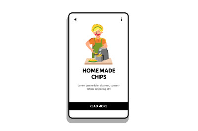 Home Made Chips Cooking Girl In Frying Tool Vector