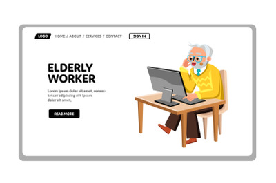 Elderly Worker Working At Computer Screen Vector