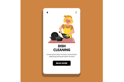 Dish Cleaning Young Housewife On Kitchen Vector