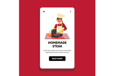 Homemade Steak Cooking Girl Chef On Grill Vector