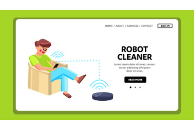 Robot Cleaner Man Control With Phone App Vector