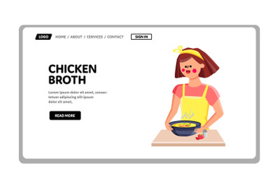 Chicken Broth Cook Young Woman On Kitchen Vector