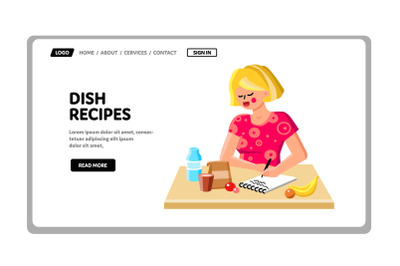 Dish Recipes Woman Writing In Notebook Vector